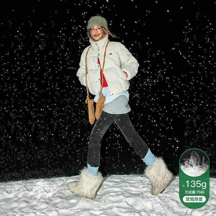 CHUU冬季女装仿羊羔毛领拼接设计休闲面包服新国标90绒羽绒服