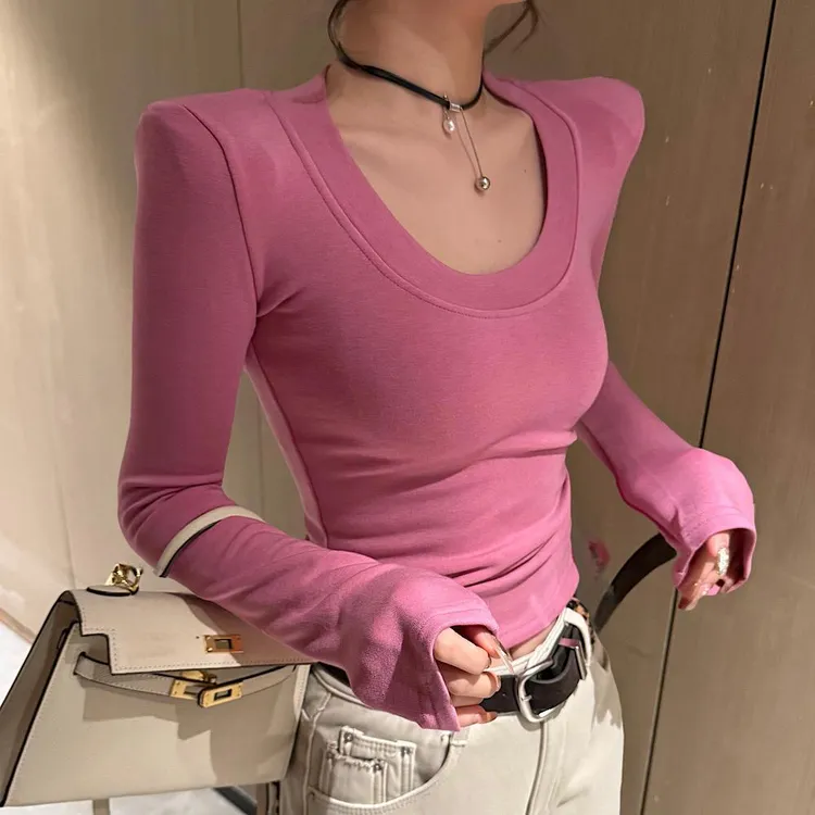 ins打底衫设计感内搭圆领韩系咖色女V领T恤女短款长袖