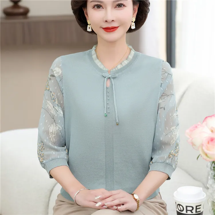 新中式妈妈夏装冰丝T恤薄款打底衫中老年女春夏国风纱袖针织上衣