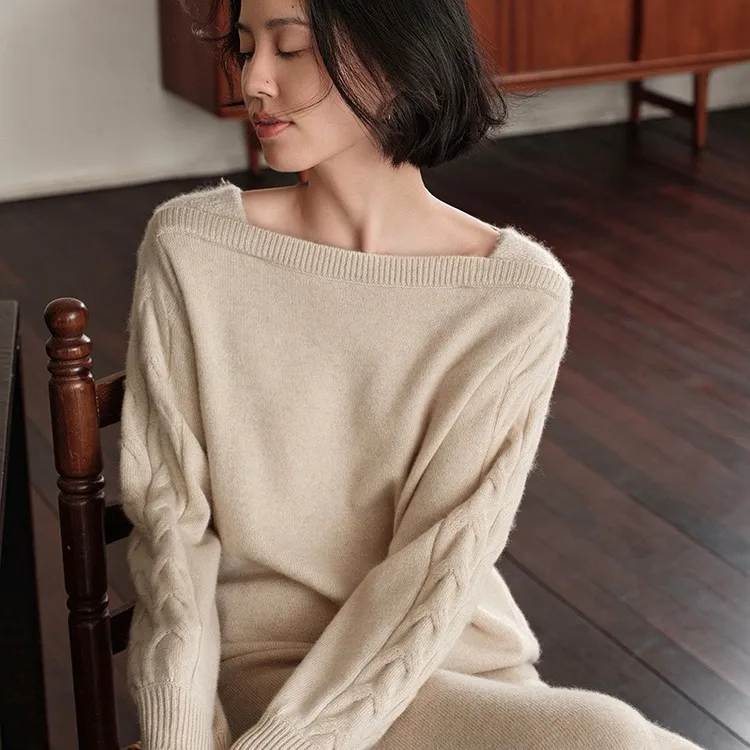 轻法式慵懒针织一字肩100山羊绒衫真时尚大气高端气质女士针织