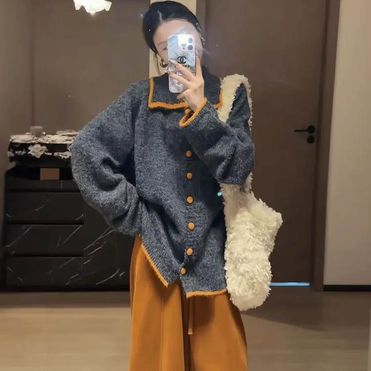 2025秋冬新款舒适感懒惰风翻领撞色设计感开衫毛衣复古阔腿裤套装