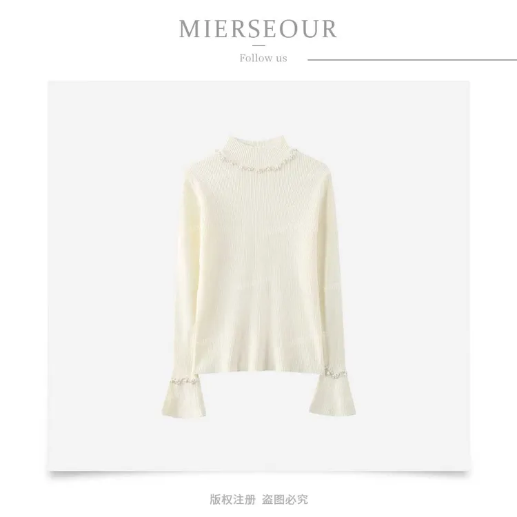 钉珠打底针织衫女秋冬季高级感修身显瘦喇叭袖内搭毛衣1552
