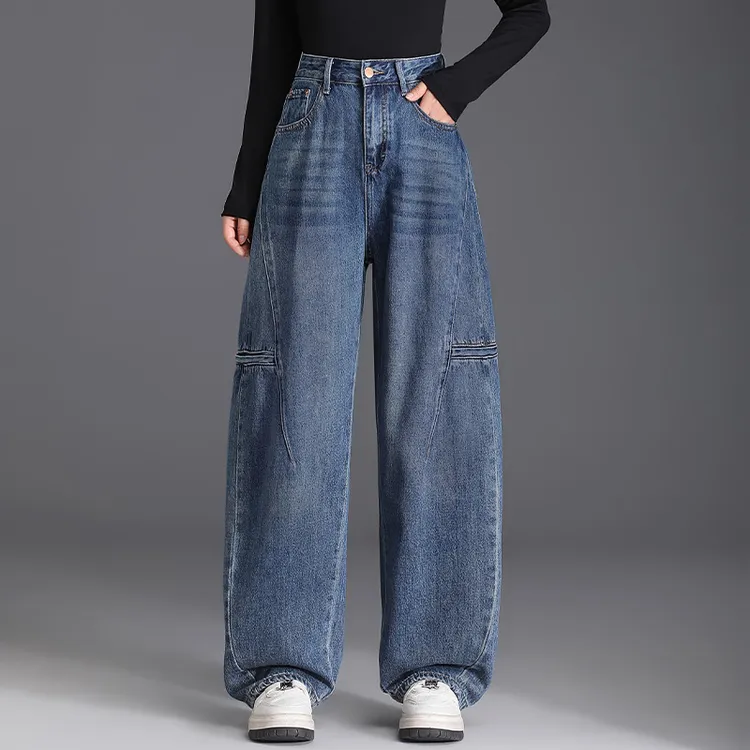 阔腿直筒裤高腰宽松大码牛仔裤女2025春秋新款拼接设计感老爹裤子