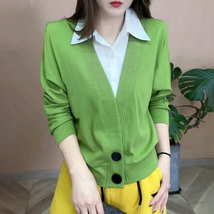 2025春季新品时尚百搭修身显瘦设计感翻领假两件女士长袖上衣7865