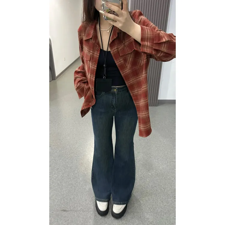 蓝色高腰微喇牛仔裤女大码秋季新款弹力大码修身显瘦喇叭马蹄裤子