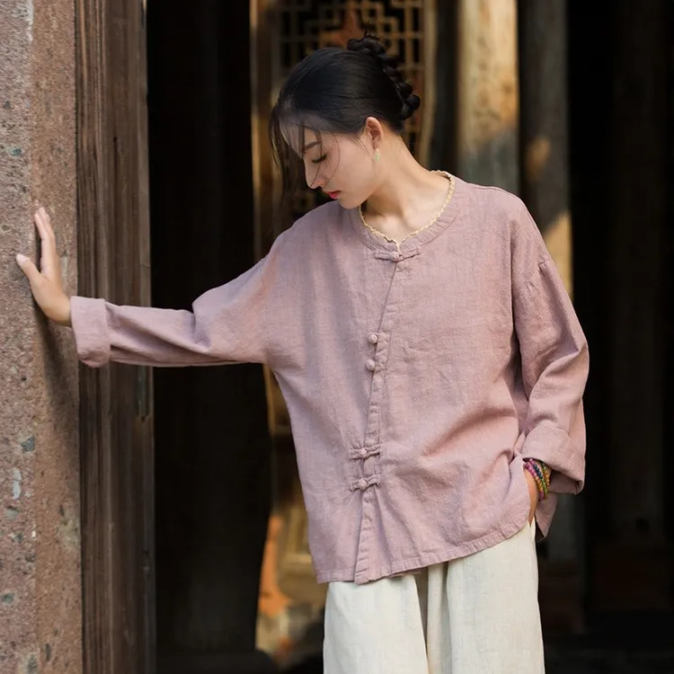 2025秋季大码新中式花边领圆领长袖上衣宽松民族风居士服禅意茶服