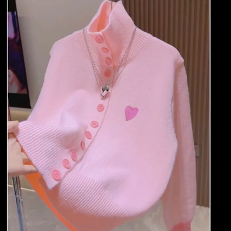 5925糖果色爱心刺绣撞色加厚开衫毛衣外套打底