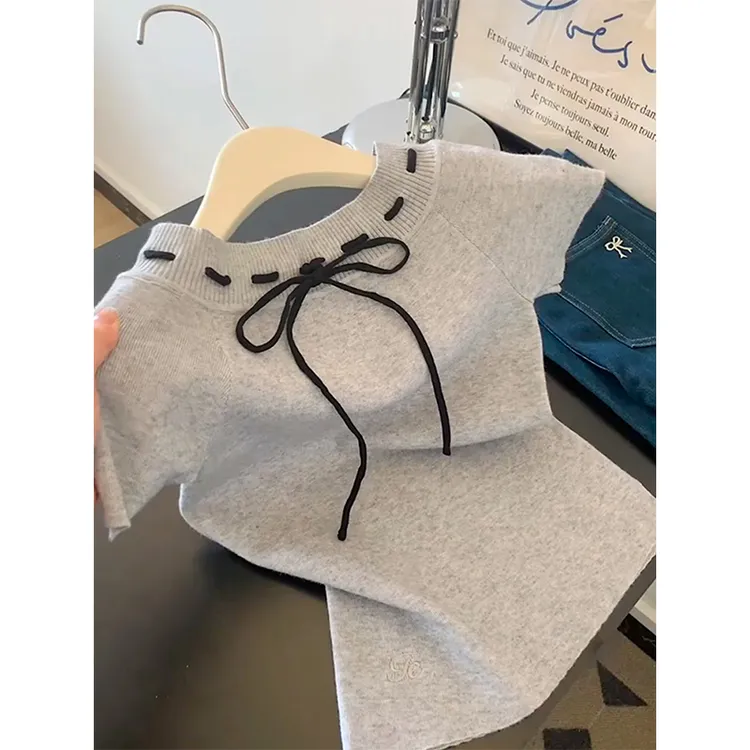 蝴蝶结斜肩针织衫短袖夏季露肩辣妹修身显瘦一字肩上衣t恤女夏季