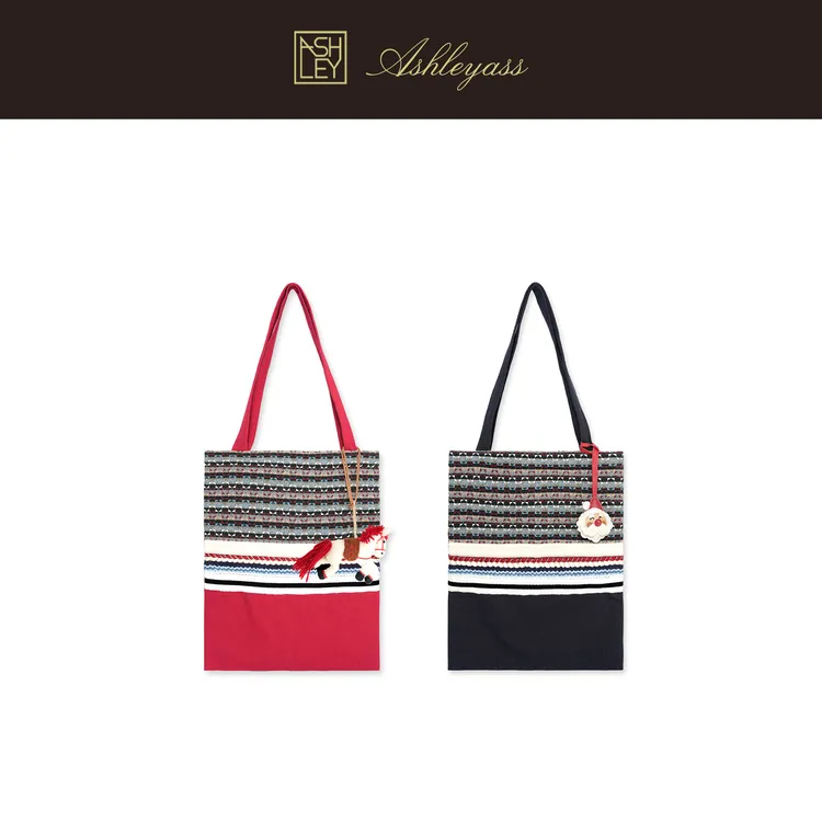 【ASHLEYASS】北欧几何提花托特包限定手工挂饰帆布包LSP521866S