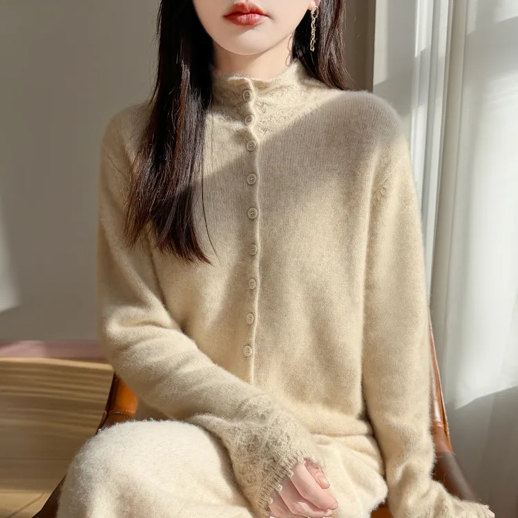 100%羊绒衫女秋冬季开衫宽松显瘦百搭针织衫半高领厚款纯色高级感