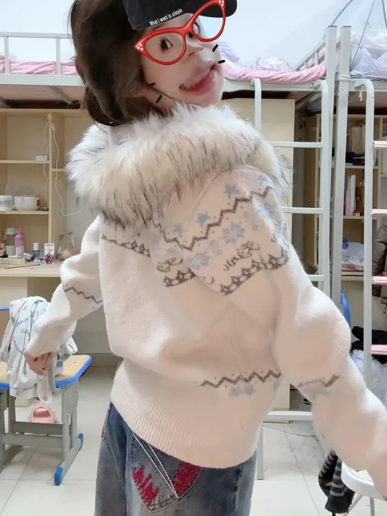 费尔岛大毛领开衫毛衣外套女撞色提花外搭上衣秋冬复古潮牌针织衫