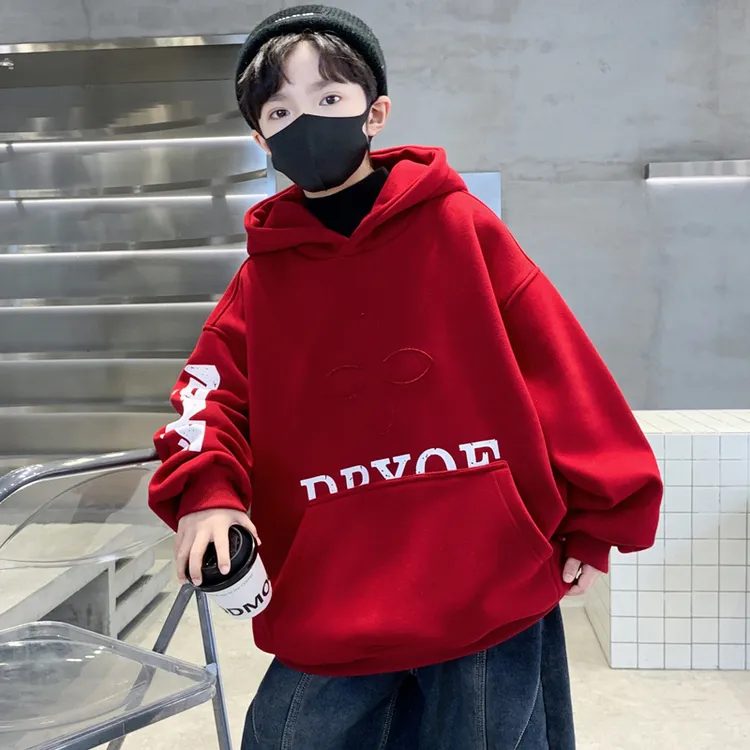 男童加绒红色卫衣冬季2026新款中大儿童本命新年加厚连帽拜年服潮