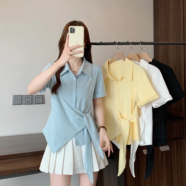 2025夏装新款胖mm大码女时尚设计感polo领绑带短袖T恤35683