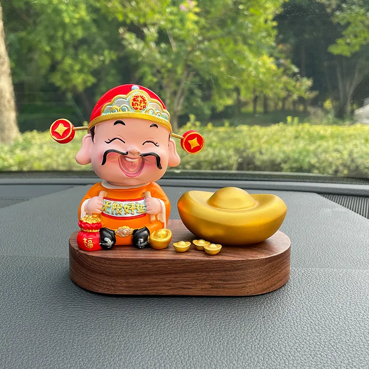 新款摇头车载财神摆件汽车内饰品元宝胡桃木摆件中控台车上用品女
