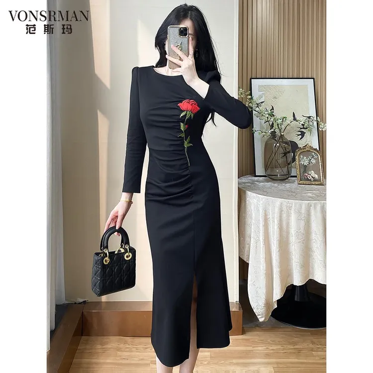 法式长袖修身连衣裙女2025秋季装新款女装气质收腰显瘦包臀长裙子