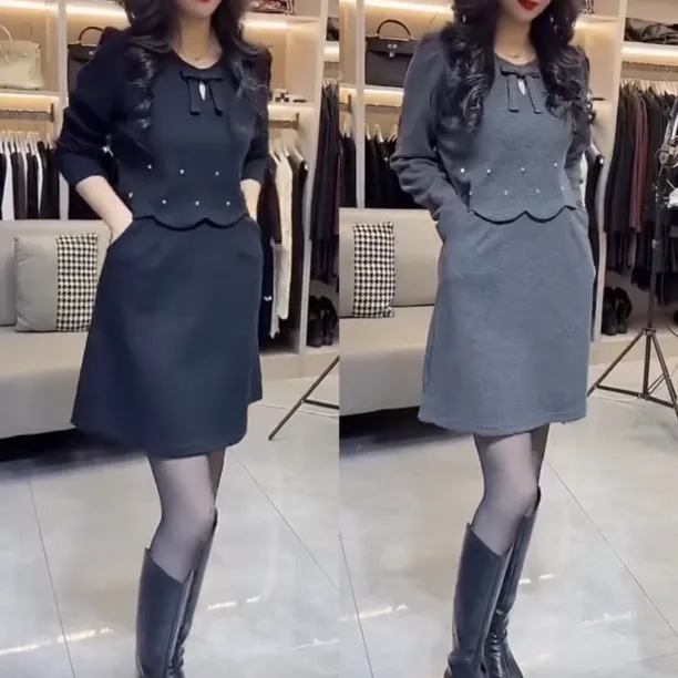 韩系老钱风拼接圆领长袖假两件连衣裙秋冬显瘦遮肉气质时尚女