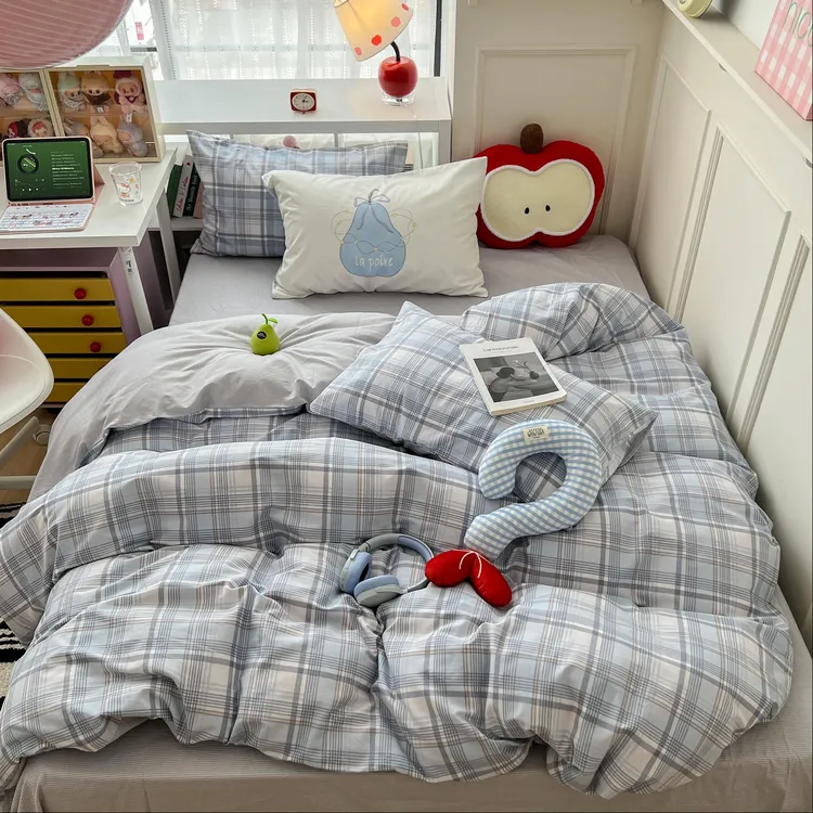 男女通用格纹床上格子四件套枕套大版全棉纯棉床笠学生宿舍三件套
