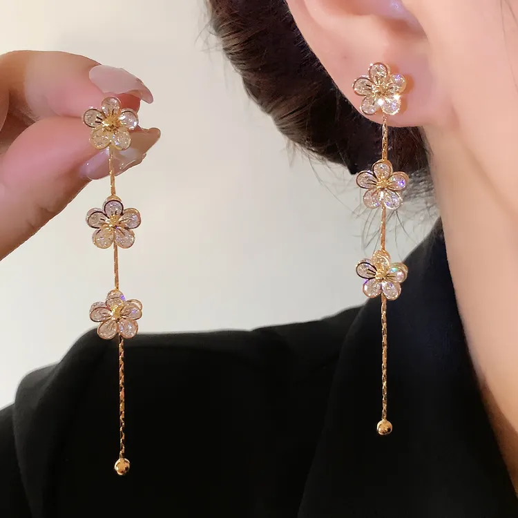铜合金合成锆石耳饰 s925甜美超仙气五瓣花耳钉耳坠长款流苏1565