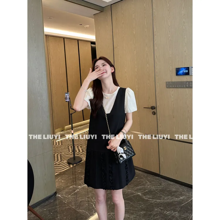 【LIUYI】夏季韩系花苞袖小衫+木耳边拼接显瘦背心裙55283