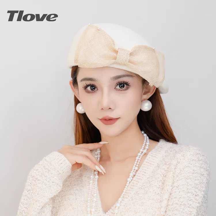 9858时尚优雅羊毛毡礼帽女士秋冬季新款真丝麻蝴蝶结复古贝雷帽子