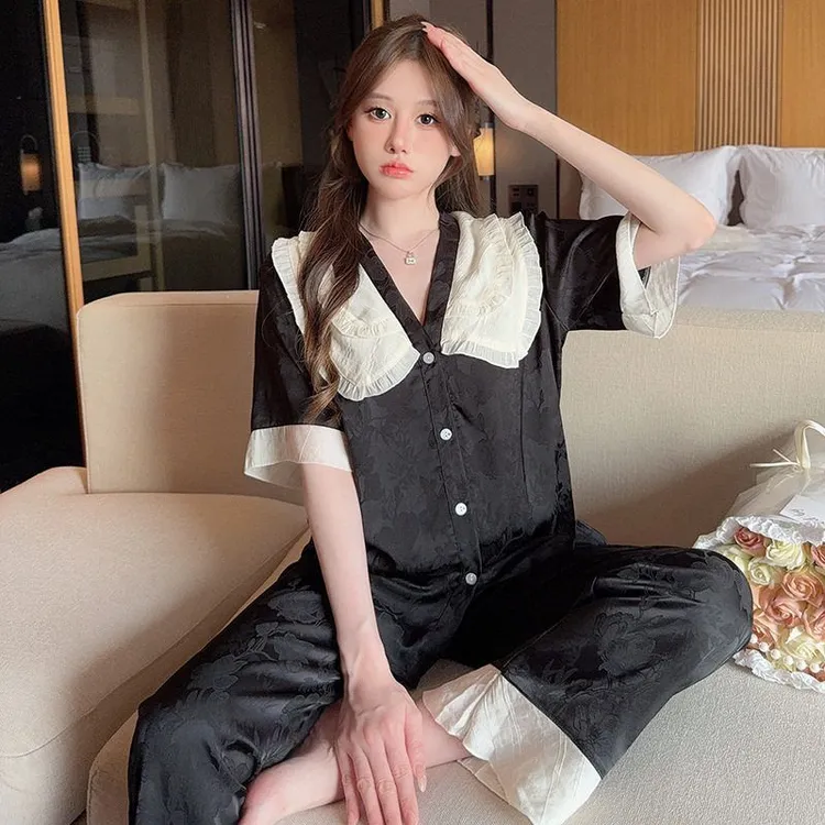 提花冰丝缎面睡衣套装透气薄款家居服高级感可外穿短袖睡衣女夏