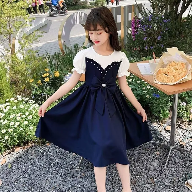 假两件泡泡袖女孩裙子新款夏时尚公主裙圆领中大童连衣裙女童短