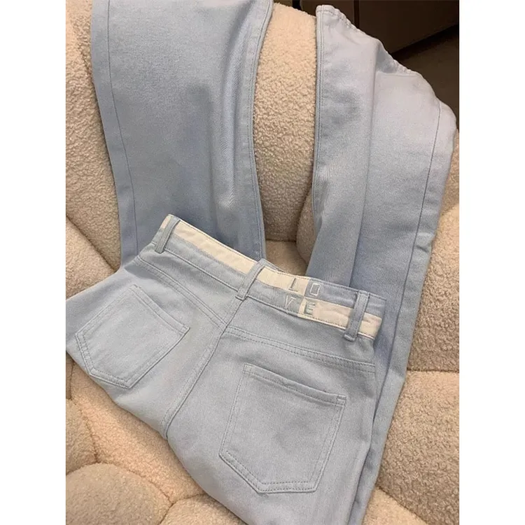 大码浅蓝色窄版牛仔裤女夏季胖mm梨形身材宽松高腰显瘦直筒阔腿裤