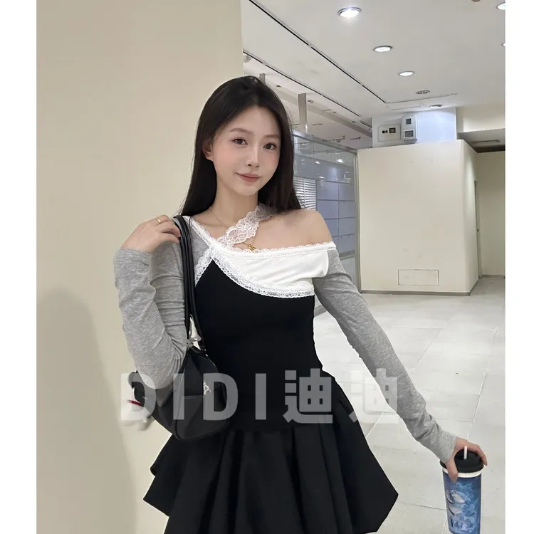 【DIDI】辣妹撞色蕾丝边拼接长袖恤女春季设计感修身显瘦上衣