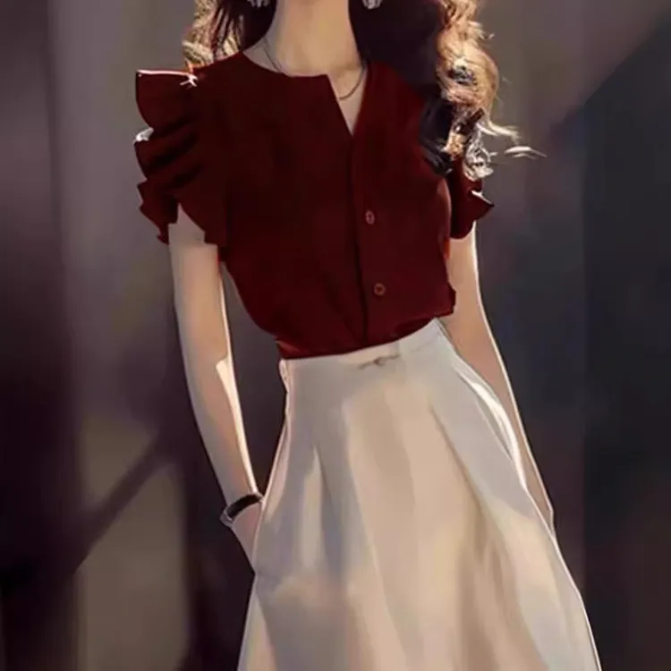 气场强大高端名媛气质女神范高级感上流社会红色衬衫连衣裙套装夏