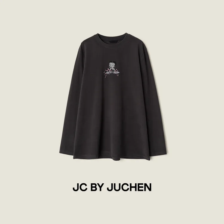 JC By JuChen贝蒂女孩做旧印花加厚慕斯质感百搭长袖T恤FW095349