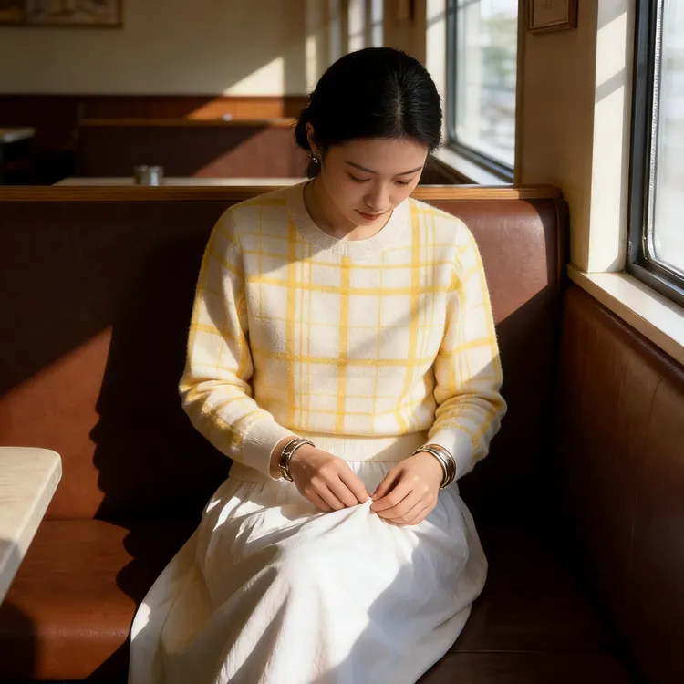 格纹秋冬复古时尚百搭针织黄色圆领格子修身款女士休闲羊绒羊毛衫