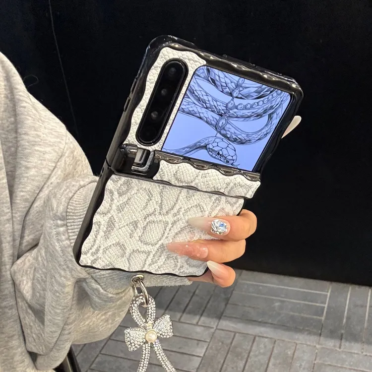 适用华为purax典藏版手机壳黑色波浪边pocket2皮纹水钻蝴蝶结手绳