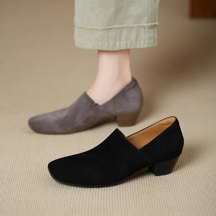 羊皮~4cm深口软底真皮单鞋女时尚高级百搭复古风高跟通勤灰色女鞋