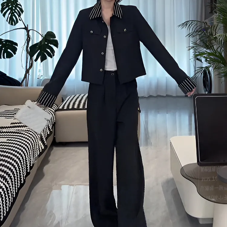 时尚套装女2025春秋新款洋气显瘦拼接条纹短款外套阔腿裤两件套潮