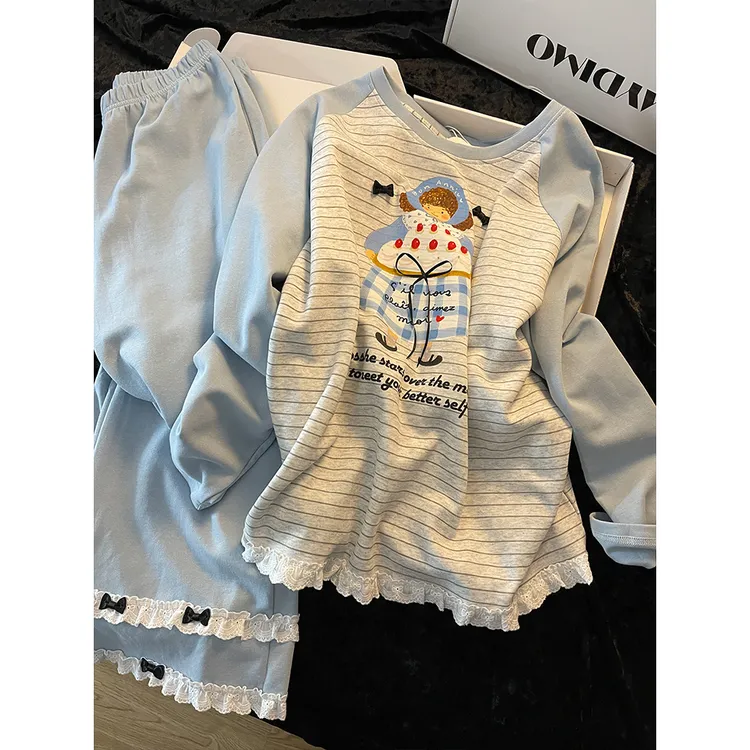 韩系小众甜美风条纹蛋糕女孩睡衣女秋季亲肤德绒长袖家居服可外穿