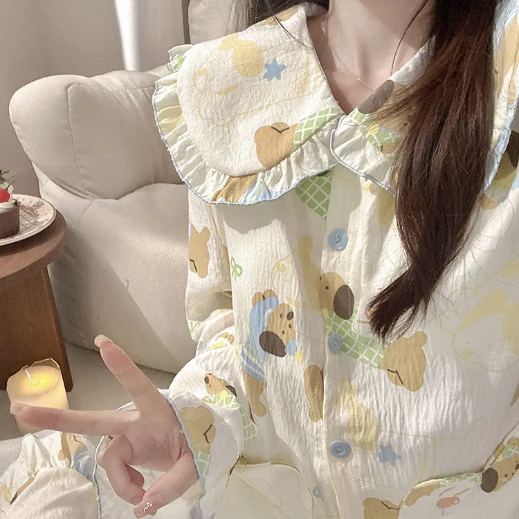 爱心口袋绿小狗睡衣女外穿春秋季带胸垫韩版学生娃娃领家居服套装