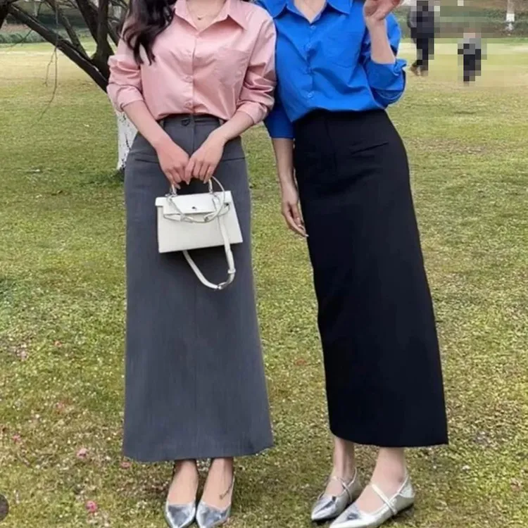 开春穿搭一整套女糖果色翻领漂亮衬衫高腰侧开叉气质半裙两件套潮