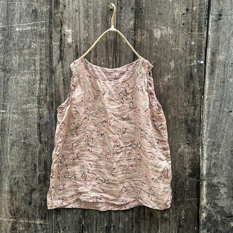 4376+高品质数码印花苎麻休闲夏季打底背心无袖文艺复古宽松上衣