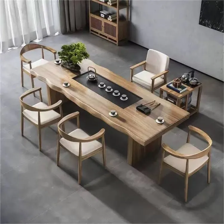 新中式原木实木大板家用办公室茶桌功夫茶台茶盘一体泡茶桌椅组合