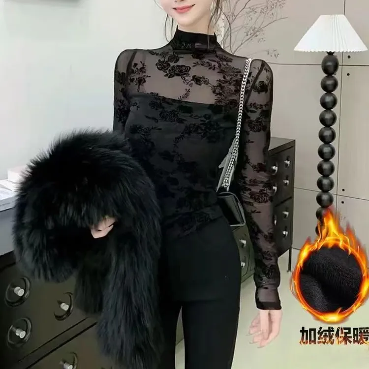 蕾丝打底衫加绒修身加厚保暖显瘦内搭气质长袖网红洋气时尚半高领