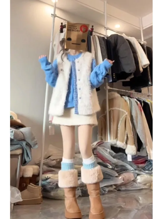 韩系温柔风穿搭套装女冬季新款麻花毛衣拼接马甲a字半身裙三件套