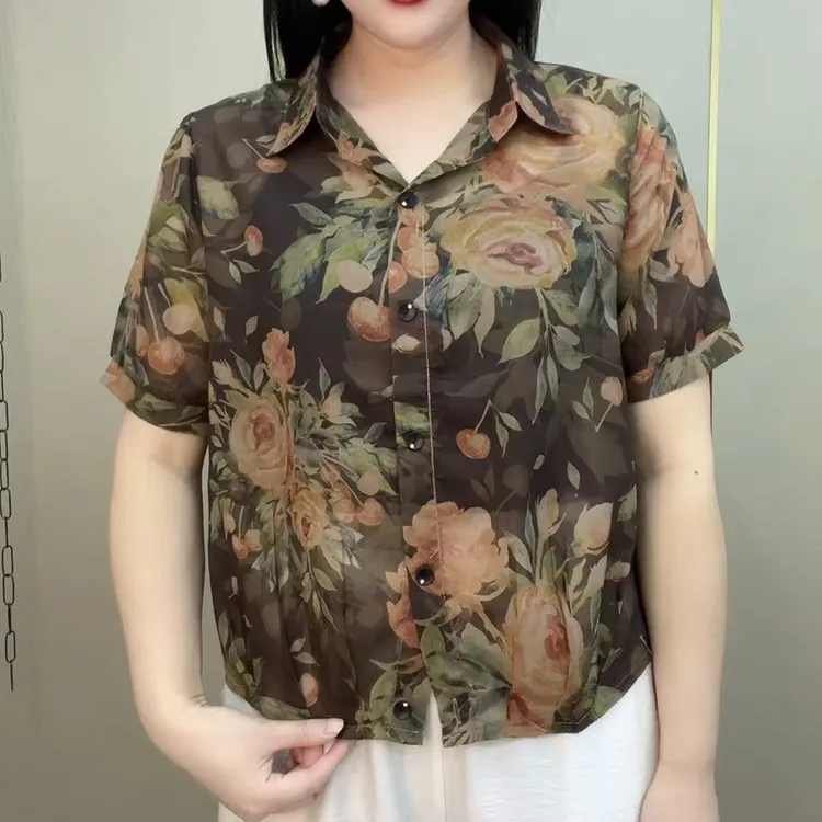 2025夏季新款高档气质减龄印花大花妈妈装翻领百搭宽松显瘦衬衫女