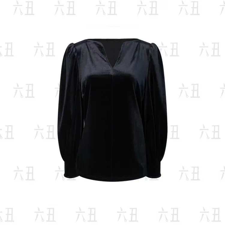 【六丑】新款时尚气质百搭显瘦高级感V领丝绒上衣510ASY0101