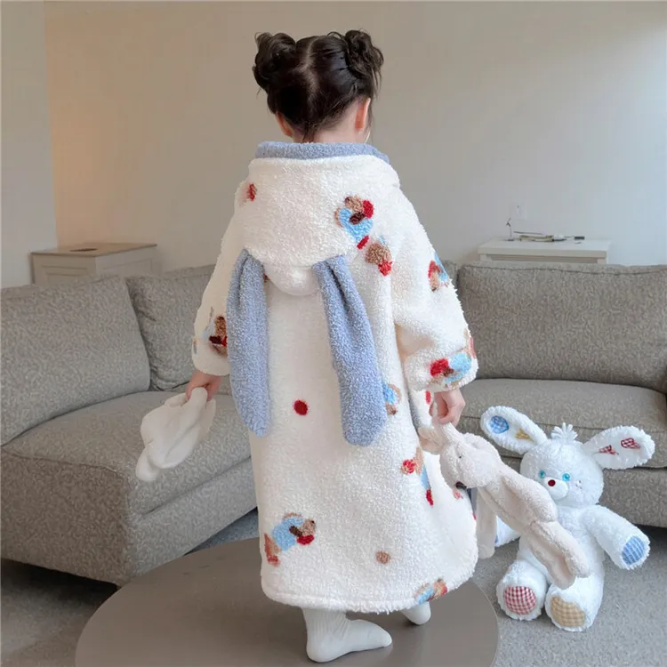儿童睡衣女童法兰绒连帽睡袍女珊瑚绒宝宝冬季卡通居家可爱风长款