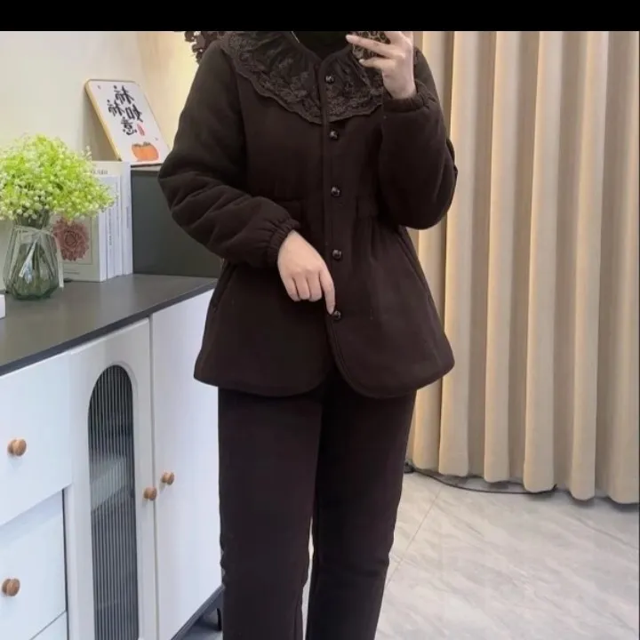 冬季三层加厚加绒蕾丝花边可外穿保暖女士雪尼尔家居服套装