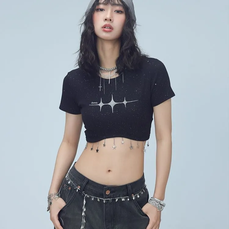 美式夏季海浪露脐星星挂链短袖黑色正肩夏季设计休闲上衣