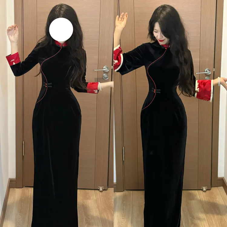 LHMknk1画报夫人原创自制秋冬贵气新中式丝绒旗袍 蓬莱红