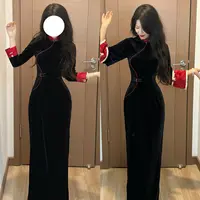 LHMknk1画报夫人原创自制秋冬贵气新中式丝绒旗袍 蓬莱红
