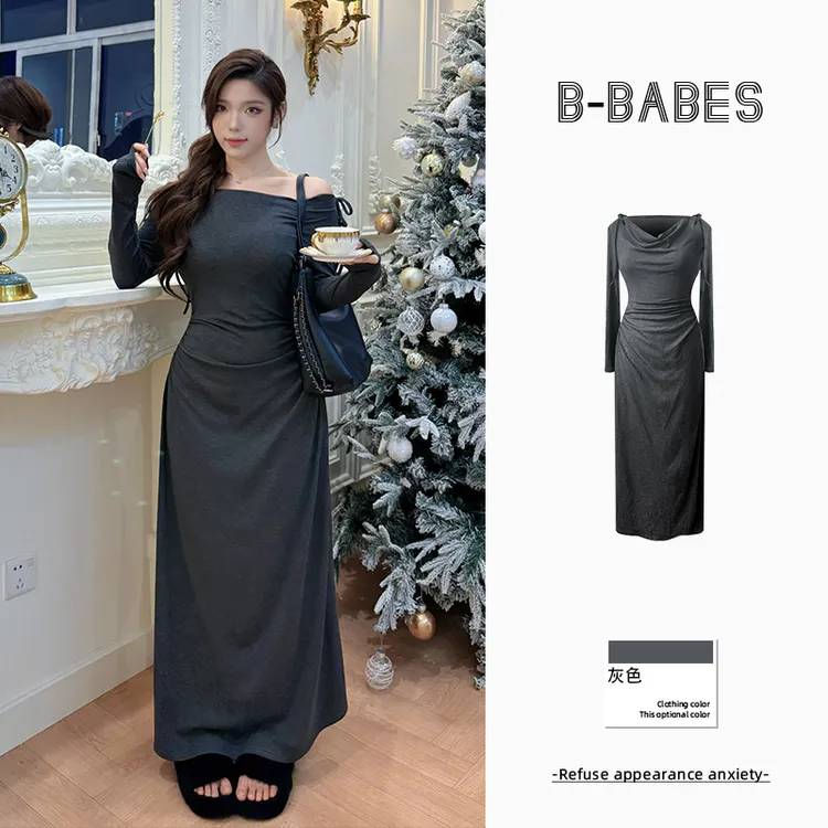 B-babes【第三灰度】大码加绒纯欲气质结荡领连衣裙早秋掐腰长裙