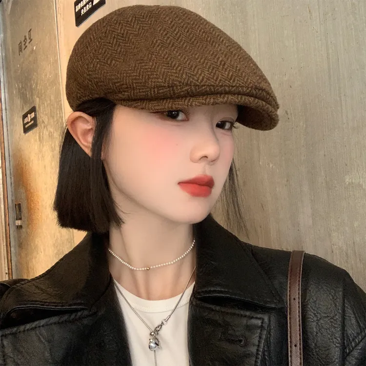 复古美拉德咖色前进帽女秋冬季日系大头围显脸小反戴鸭舌贝雷帽子